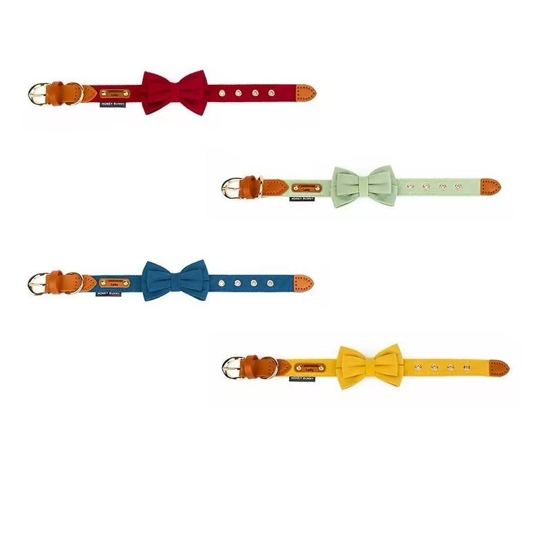 KFX-9789117 Leather Bowknot Dog Collar with Hand-Holding Rope - Twill Brushed Flannel and Cowhide Options