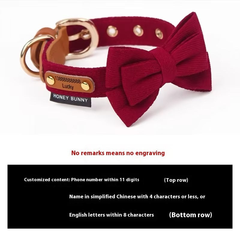 KFX-9789117 Leather Bowknot Dog Collar with Hand-Holding Rope - Twill Brushed Flannel and Cowhide Options