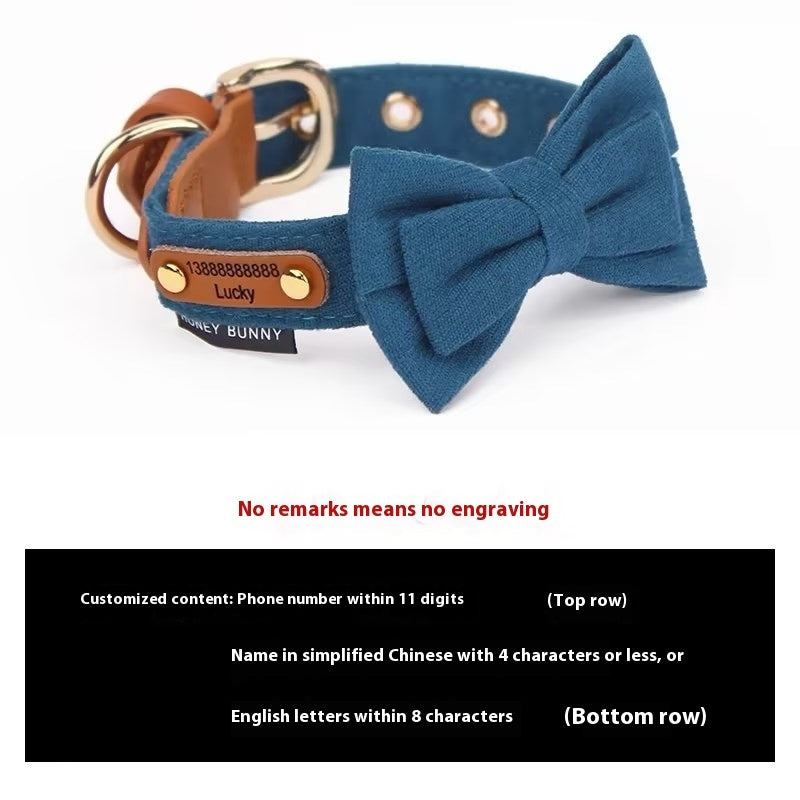 KFX-9789117 Leather Bowknot Dog Collar with Hand-Holding Rope - Twill Brushed Flannel and Cowhide Options