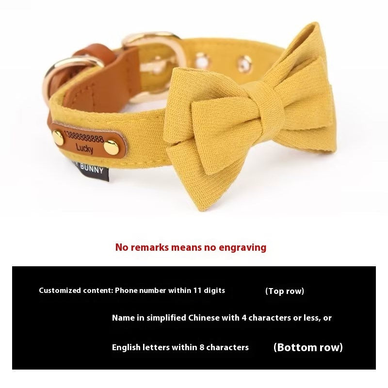 KFX-9789117 Leather Bowknot Dog Collar with Hand-Holding Rope - Twill Brushed Flannel and Cowhide Options