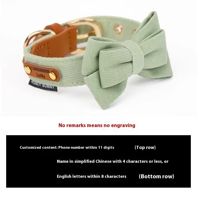 KFX-9789117 Leather Bowknot Dog Collar with Hand-Holding Rope - Twill Brushed Flannel and Cowhide Options