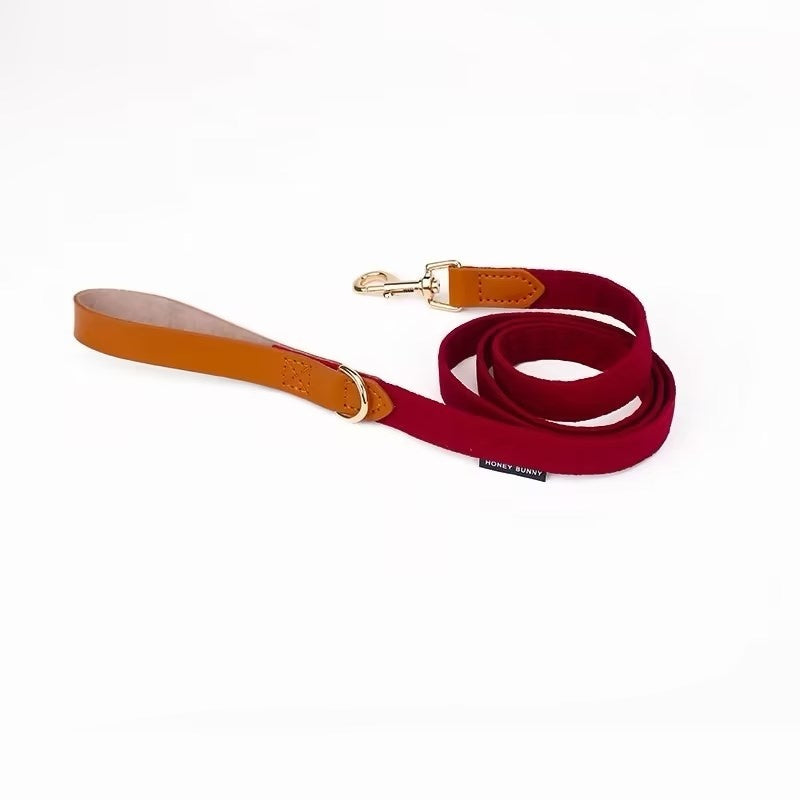 KFX-9789117 Leather Bowknot Dog Collar with Hand-Holding Rope - Twill Brushed Flannel and Cowhide Options