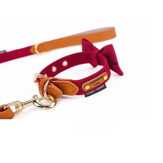 KFX-9789117 Leather Bowknot Dog Collar with Hand-Holding Rope - Twill Brushed Flannel and Cowhide Options