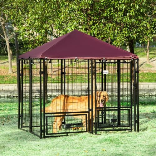KFX-9790781 PawHut Outdoor Kennel with Swivel Bowl Rack, Walk-in Pet Playpen, Welded Wire Steel, Waterproof Awning, 5' x 5' x 5'