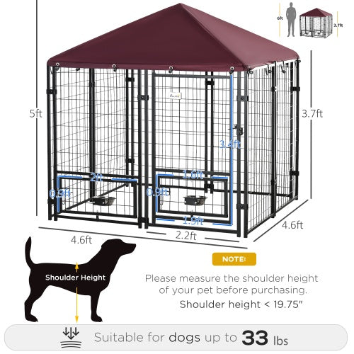 KFX-9790781 PawHut Outdoor Kennel with Swivel Bowl Rack, Walk-in Pet Playpen, Welded Wire Steel, Waterproof Awning, 5' x 5' x 5'