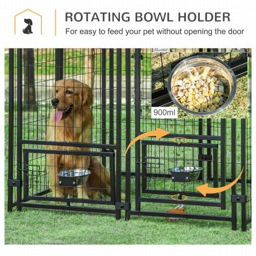 KFX-9790781 PawHut Outdoor Kennel with Swivel Bowl Rack, Walk-in Pet Playpen, Welded Wire Steel, Waterproof Awning, 5' x 5' x 5'