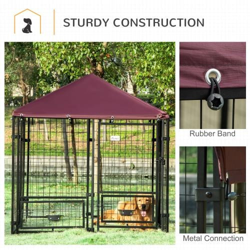 KFX-9790781 PawHut Outdoor Kennel with Swivel Bowl Rack, Walk-in Pet Playpen, Welded Wire Steel, Waterproof Awning, 5' x 5' x 5'