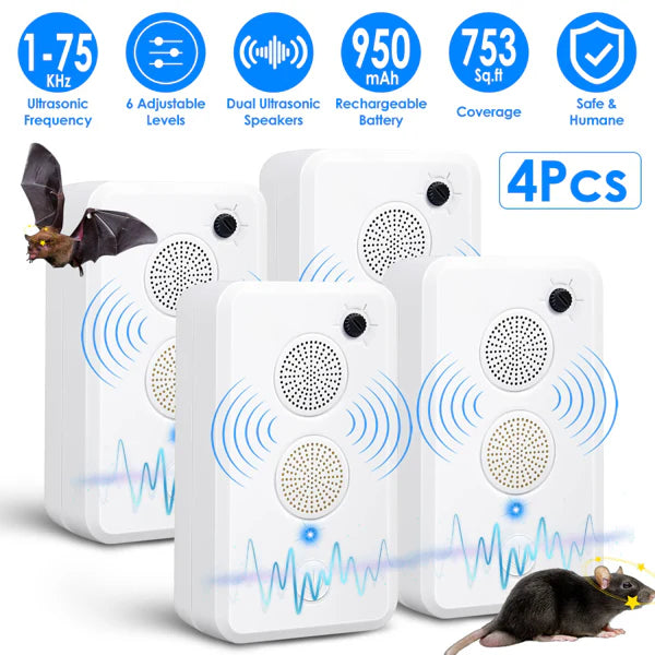 KFX-9794877 4-Pack Ultrasonic Pest Repeller with Adjustable 1-75KHz Frequency, 6 Levels, Indoor & Outdoor Use, 950mAh Rechargeable, Covers 753 Sq.ft