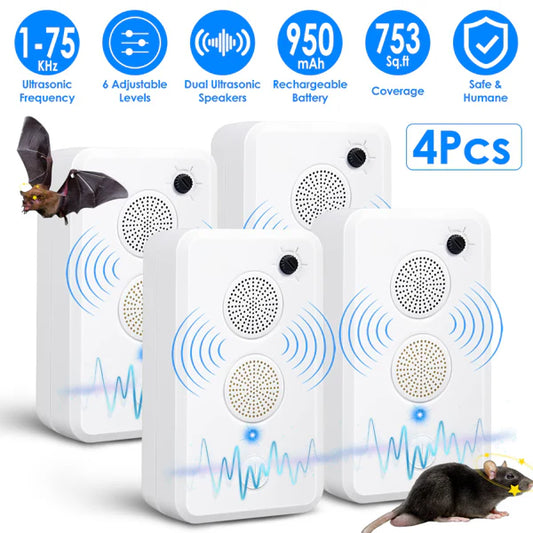 KFX-9794877 4-Pack Ultrasonic Pest Repeller with Adjustable 1-75KHz Frequency, 6 Levels, Indoor & Outdoor Use, 950mAh Rechargeable, Covers 753 Sq.ft