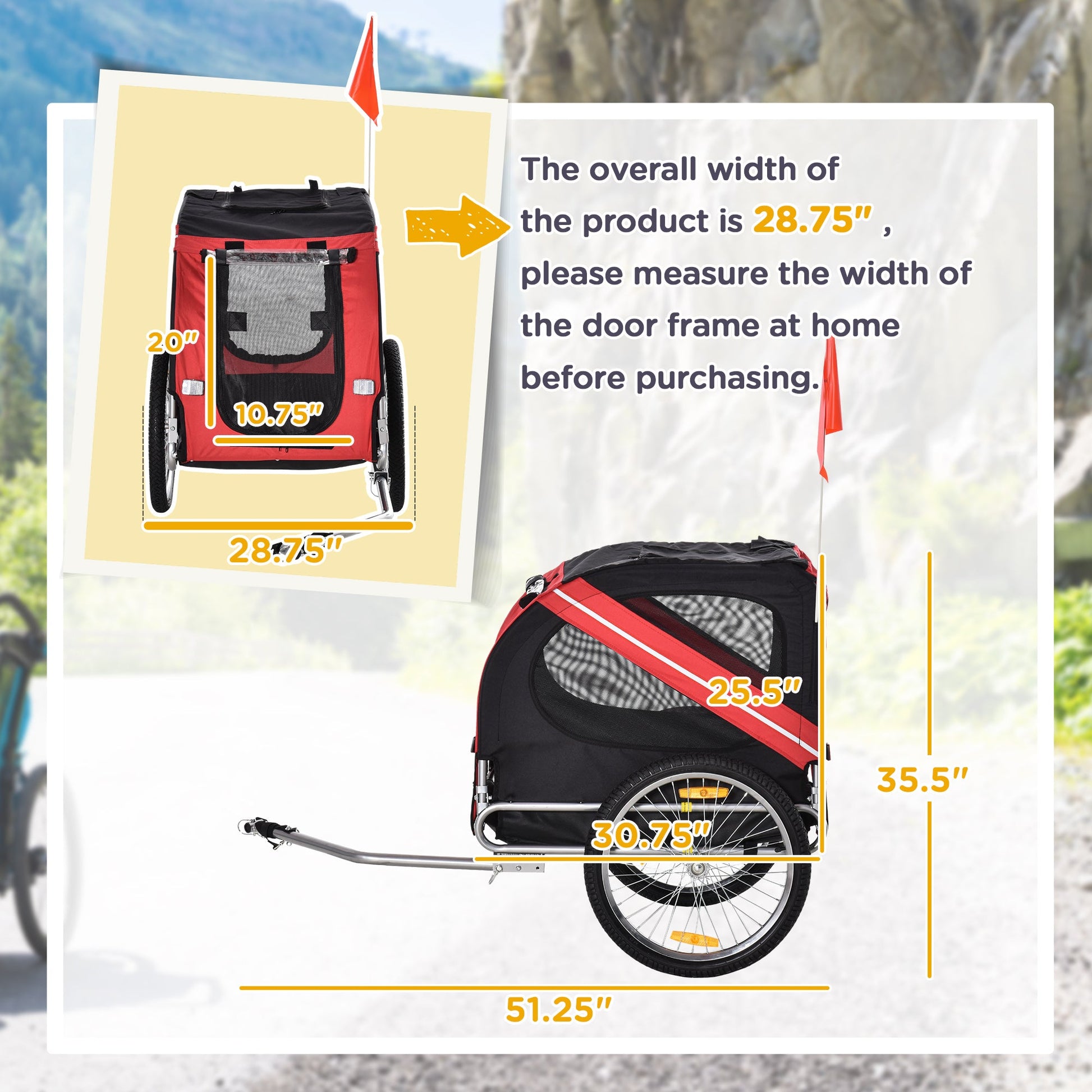 KFX-9796541 Dog Bike Trailer with Easy Folding Frame, Large Wheels, 3 Openings, Mesh Screen, for Dogs Up to 44 lbs, Red & Black