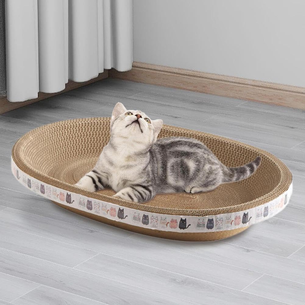 KFX-9800125 Oval Cat Scratch Bed and Scratching Pad - 2-in-1 Cardboard Lounger for Indoor Cats and Kittens