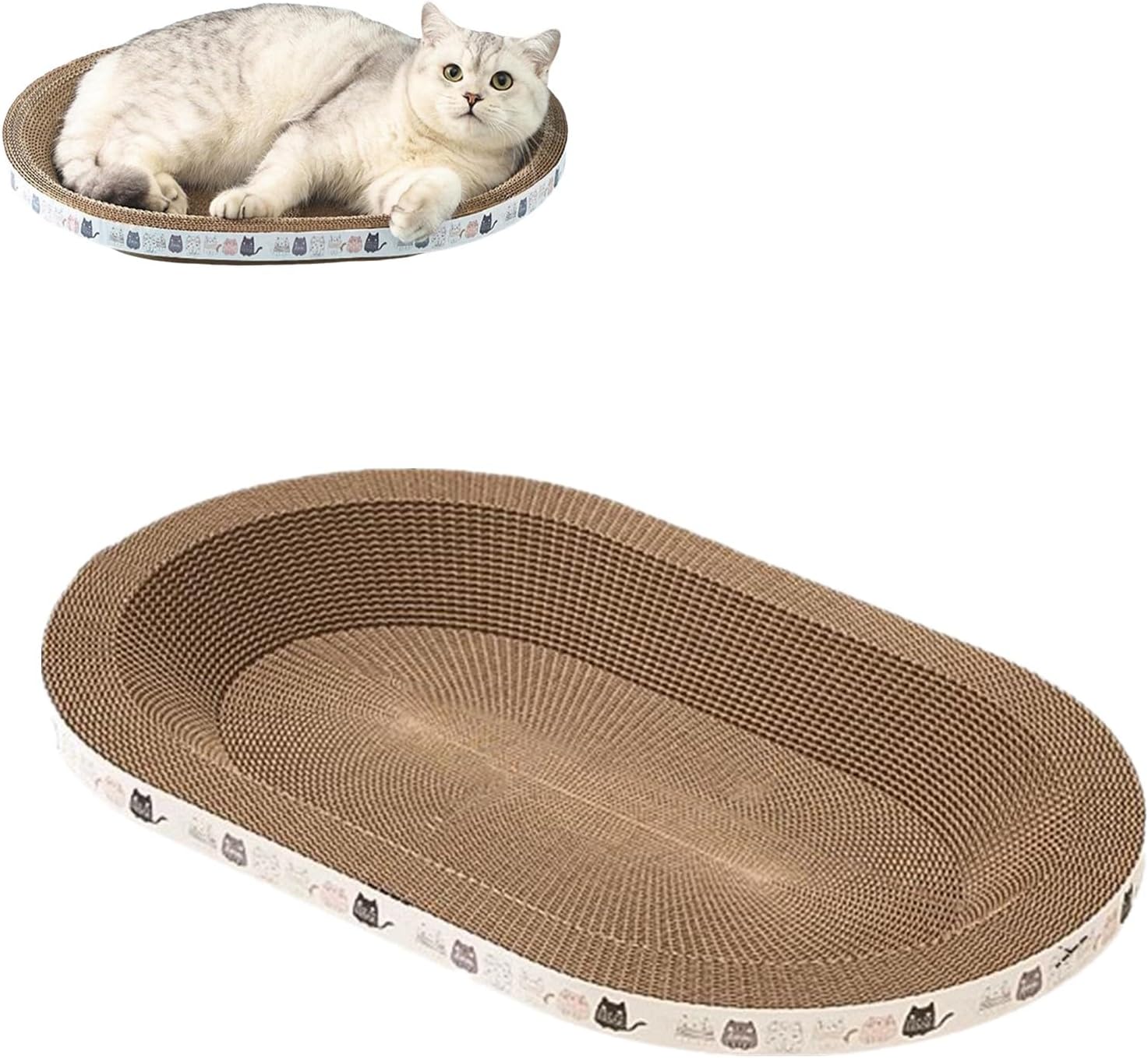 KFX-9800125 Oval Cat Scratch Bed and Scratching Pad - 2-in-1 Cardboard Lounger for Indoor Cats and Kittens