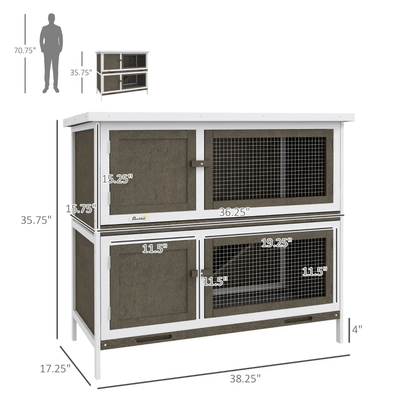 KFX-9802301 Wooden Indoor Outdoor Bunny Hutch with Ramp, Double-Level Design and Weatherproof Features