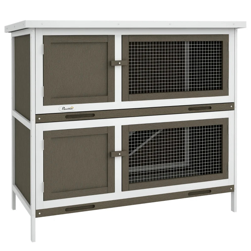 KFX-9802301 Wooden Indoor Outdoor Bunny Hutch with Ramp, Double-Level Design and Weatherproof Features