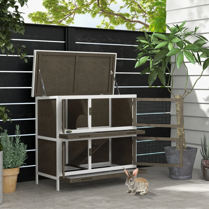 KFX-9802301 Wooden Indoor Outdoor Bunny Hutch with Ramp, Double-Level Design and Weatherproof Features
