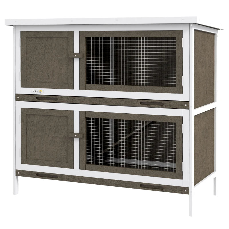 KFX-9802301 Wooden Indoor Outdoor Bunny Hutch with Ramp, Double-Level Design and Weatherproof Features