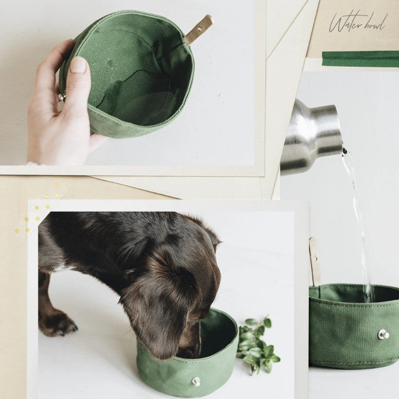 KFX-9804605 Portable Canvas Dog Bowl for Feeding and Hydration - Compact Travel Pet Dish with Ration Bag, 15cm Diameter