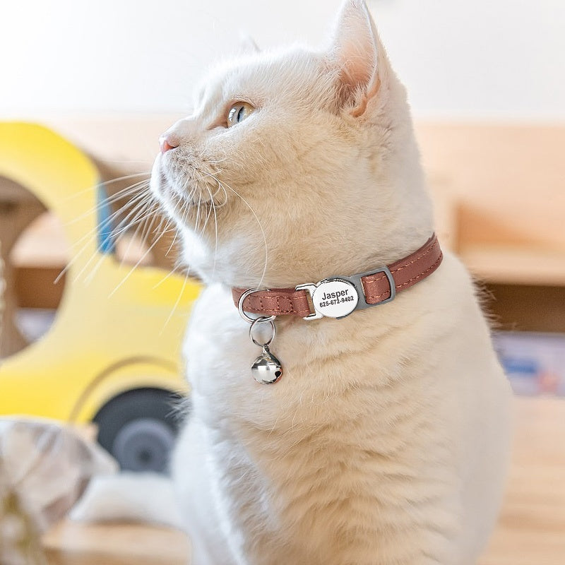 KFX-9806397 Cat Safety Engraved Leather Collar with Anti-Suffocation Design - Multiple Colors Available