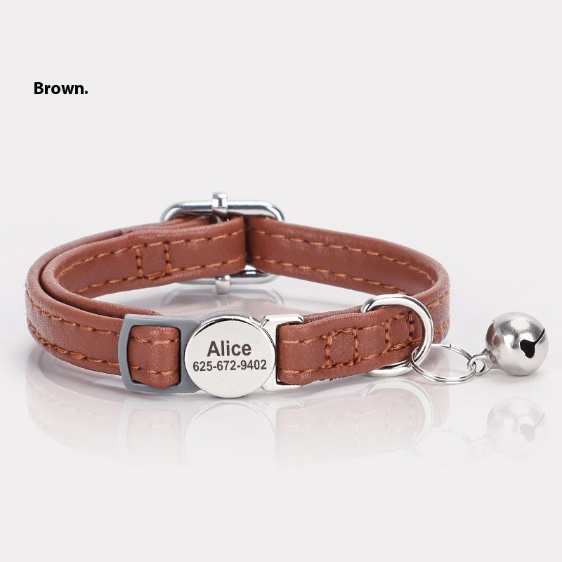 KFX-9806397 Cat Safety Engraved Leather Collar with Anti-Suffocation Design - Multiple Colors Available