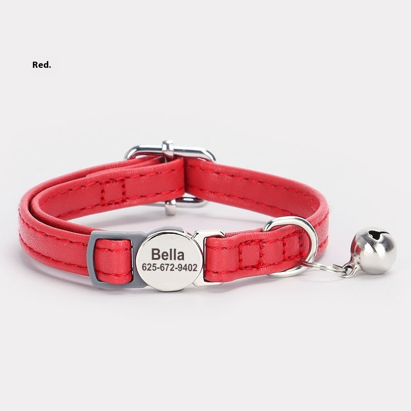 KFX-9806397 Cat Safety Engraved Leather Collar with Anti-Suffocation Design - Multiple Colors Available
