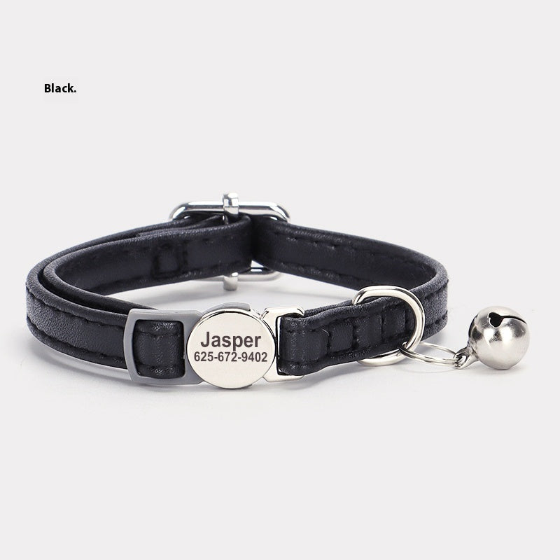 KFX-9806397 Cat Safety Engraved Leather Collar with Anti-Suffocation Design - Multiple Colors Available