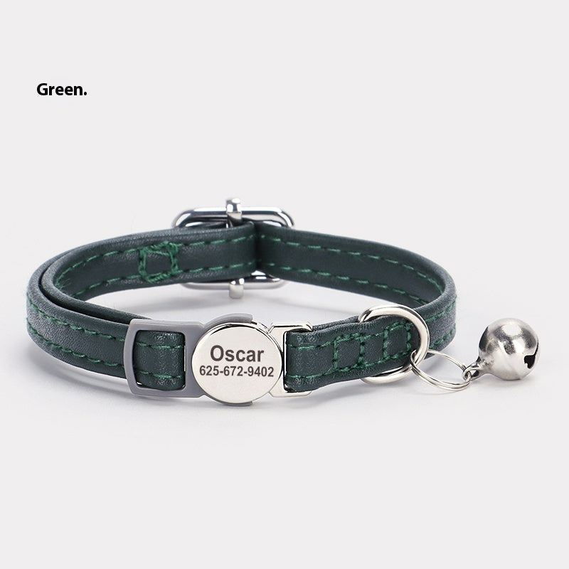 KFX-9806397 Cat Safety Engraved Leather Collar with Anti-Suffocation Design - Multiple Colors Available