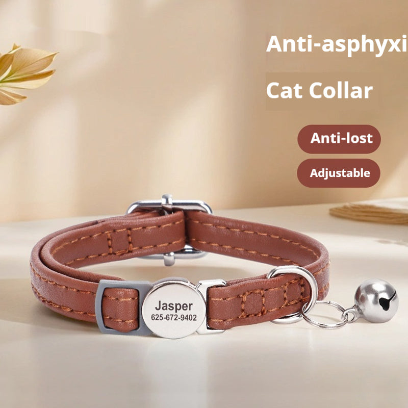 KFX-9806397 Cat Safety Engraved Leather Collar with Anti-Suffocation Design - Multiple Colors Available