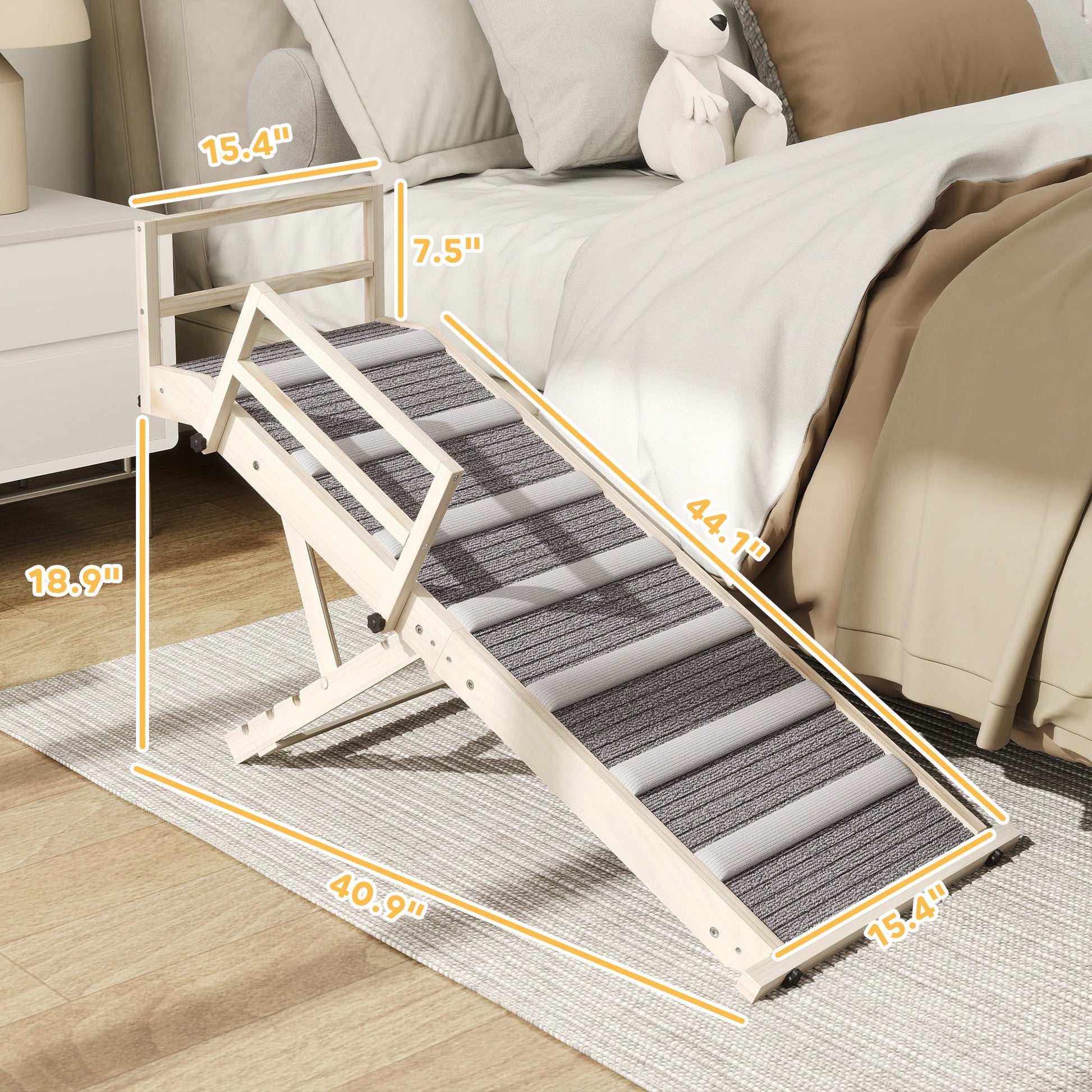 KFX-9809853 Foldable Dog Ramp with Adjustable Heights, Carpeted Surface, and Safety Guardrails for Easy Access