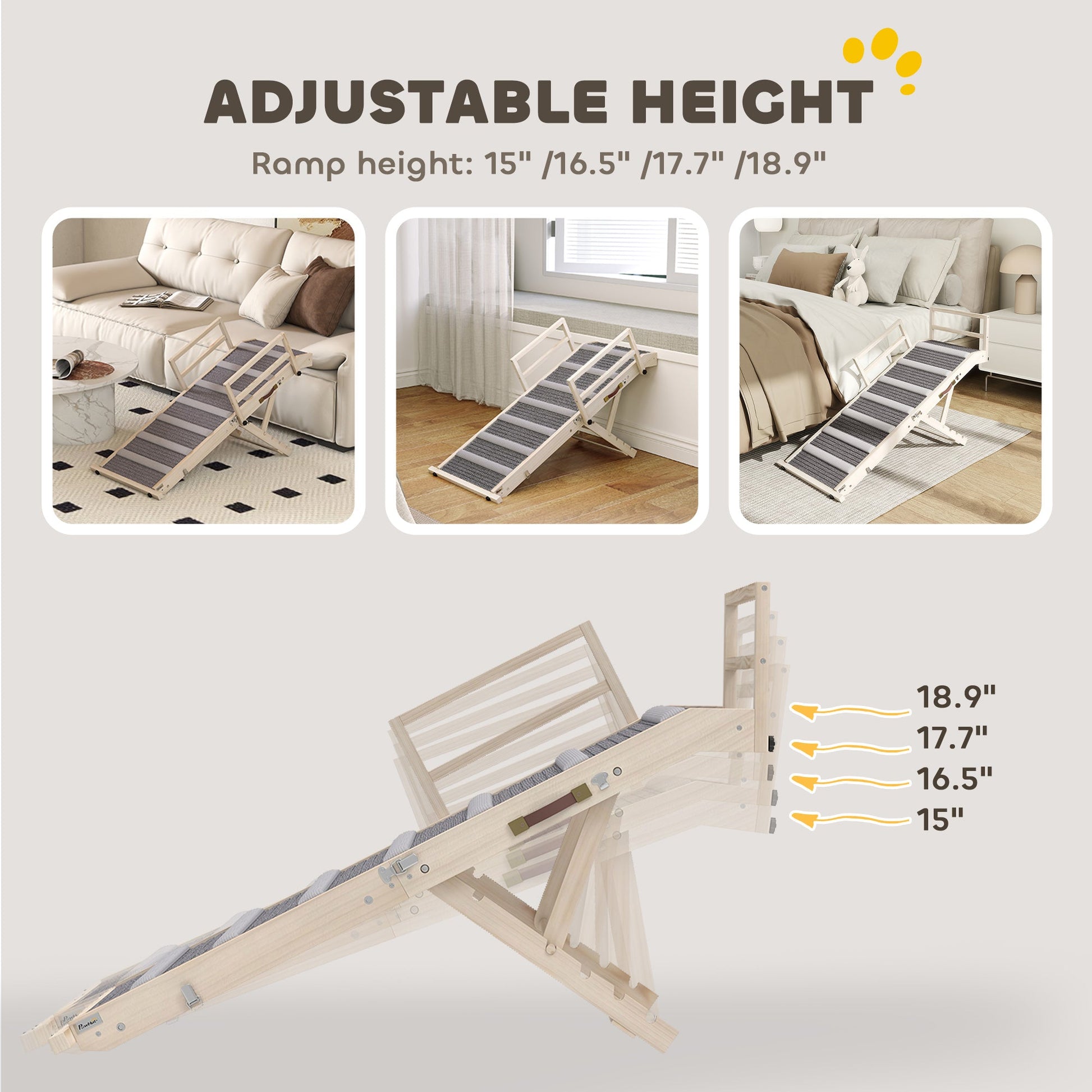 KFX-9809853 Foldable Dog Ramp with Adjustable Heights, Carpeted Surface, and Safety Guardrails for Easy Access