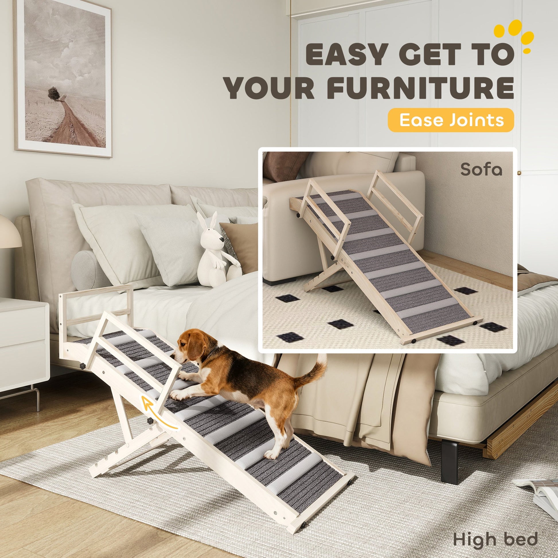 KFX-9809853 Foldable Dog Ramp with Adjustable Heights, Carpeted Surface, and Safety Guardrails for Easy Access