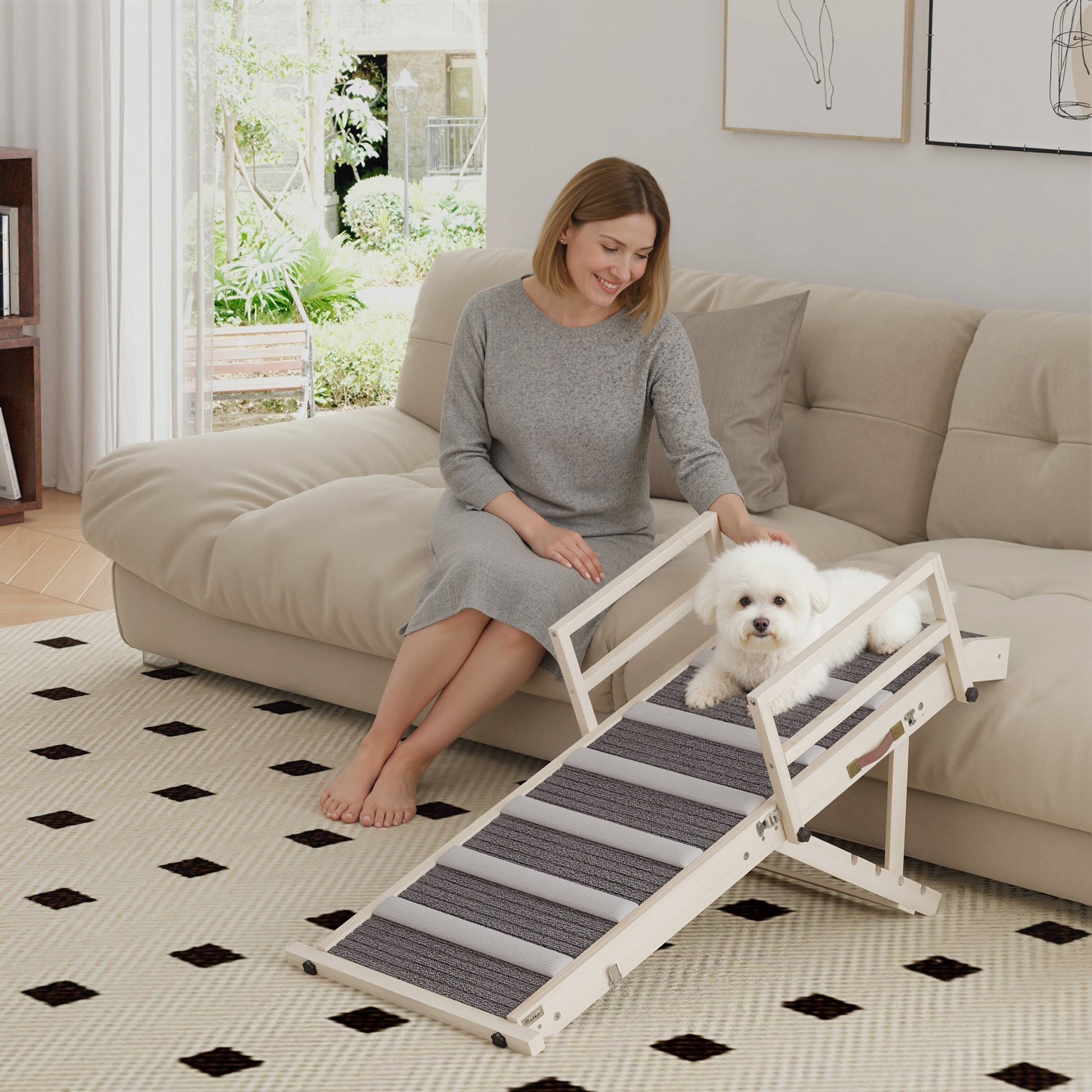 KFX-9809853 Foldable Dog Ramp with Adjustable Heights, Carpeted Surface, and Safety Guardrails for Easy Access