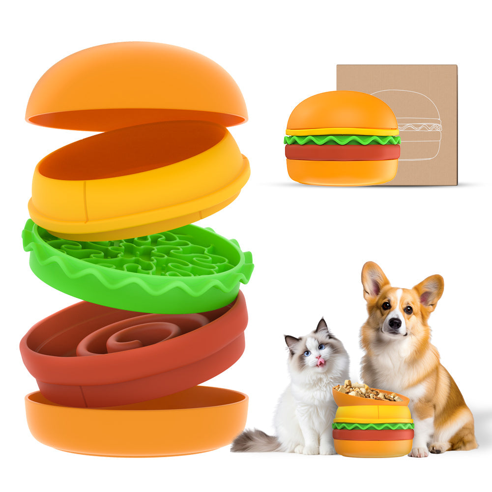 KFX-9810365 Multi-Layer Hamburger Design Pet Bowl Set for Cats and Dogs, 5-in-1 Combination