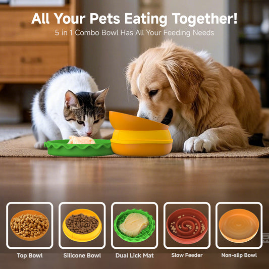 KFX-9810365 Multi-Layer Hamburger Design Pet Bowl Set for Cats and Dogs, 5-in-1 Combination