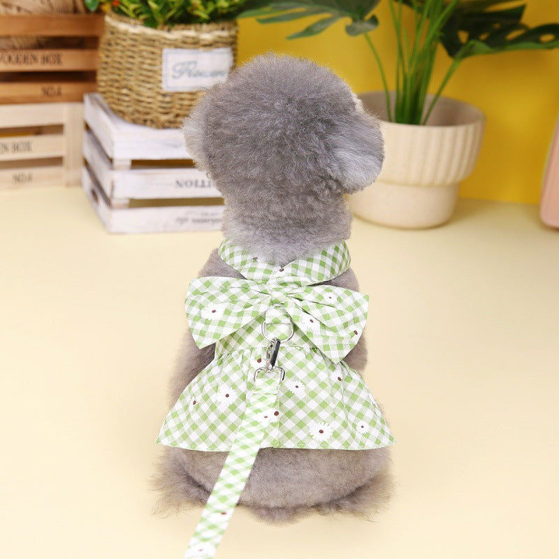 KFX-9814717 Chrysanthemum Plaid Pet Traction Buckle Clothing for Spring and Summer in Light Green and Yellow