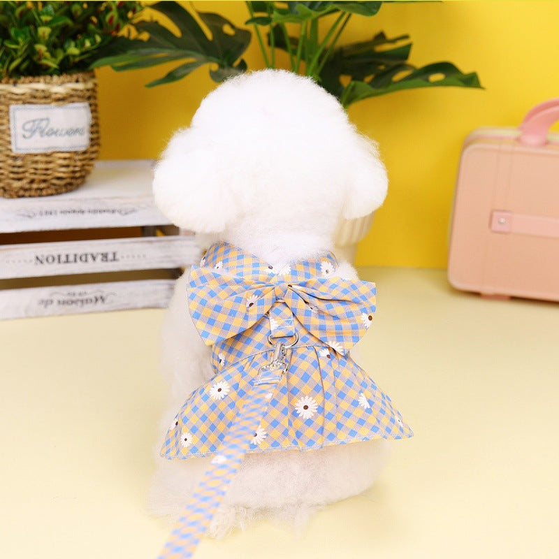 KFX-9814717 Chrysanthemum Plaid Pet Traction Buckle Clothing for Spring and Summer in Light Green and Yellow