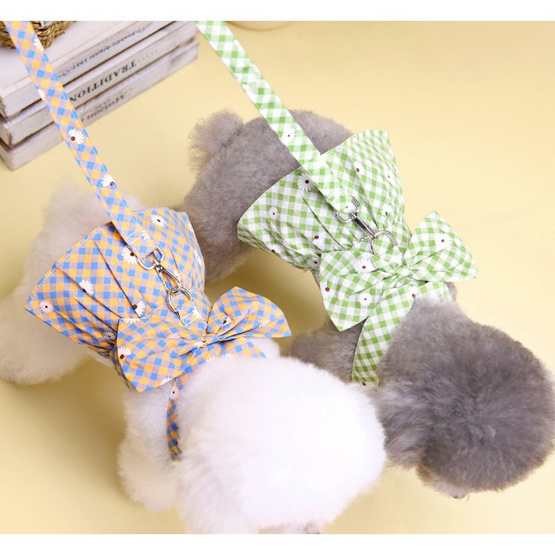 KFX-9814717 Chrysanthemum Plaid Pet Traction Buckle Clothing for Spring and Summer in Light Green and Yellow