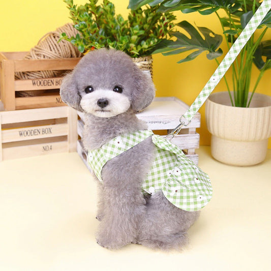 KFX-9814717 Chrysanthemum Plaid Pet Traction Buckle Clothing for Spring and Summer in Light Green and Yellow