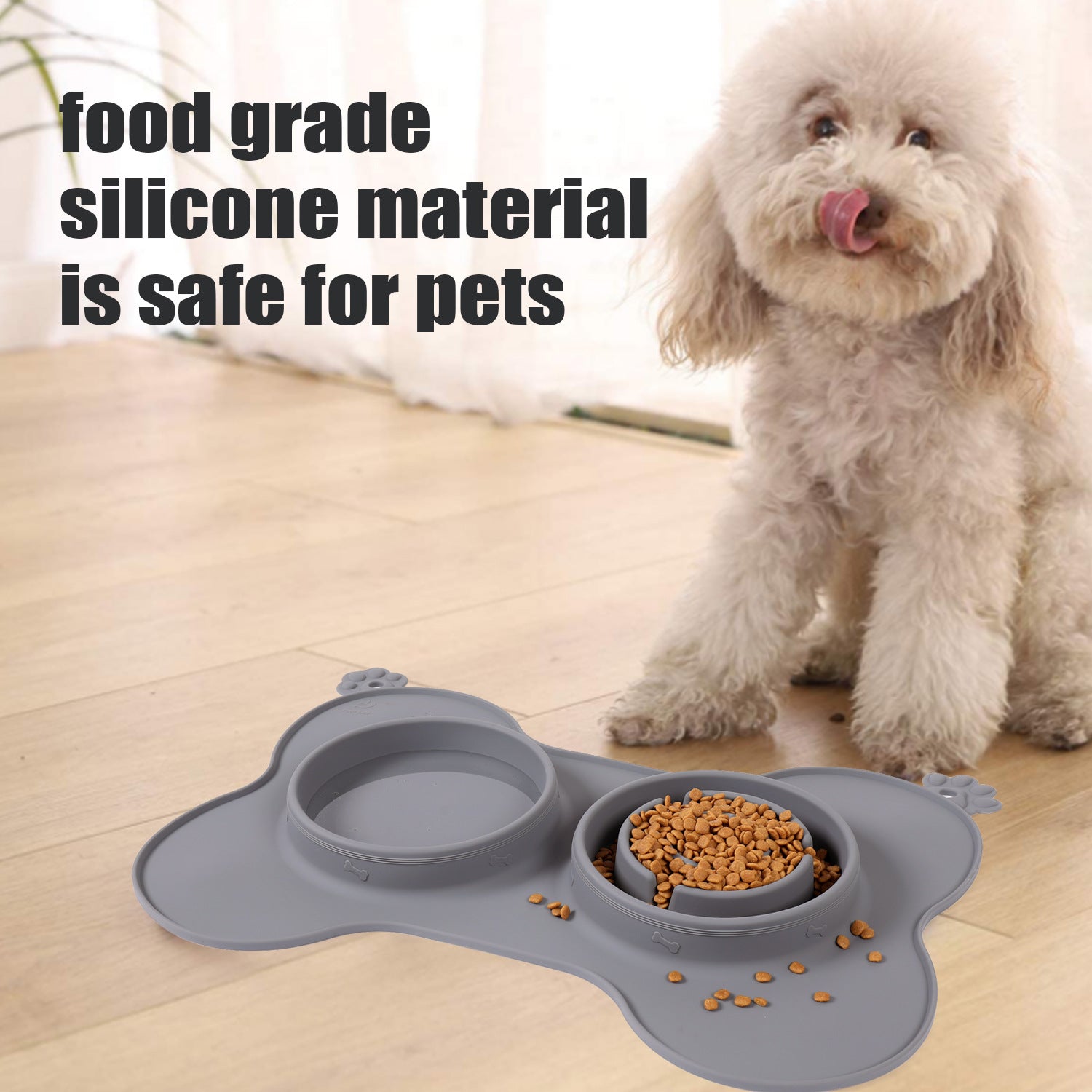 KFX-9821757 Silicone Double Dog Bowl with Non-Slip Placemaking Mat, 52x35cm