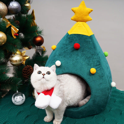 KFX-9823933 Warm Winter Christmas Tree Pet Bed for Cats and Dogs - Cozy Nest with Soft Cushion