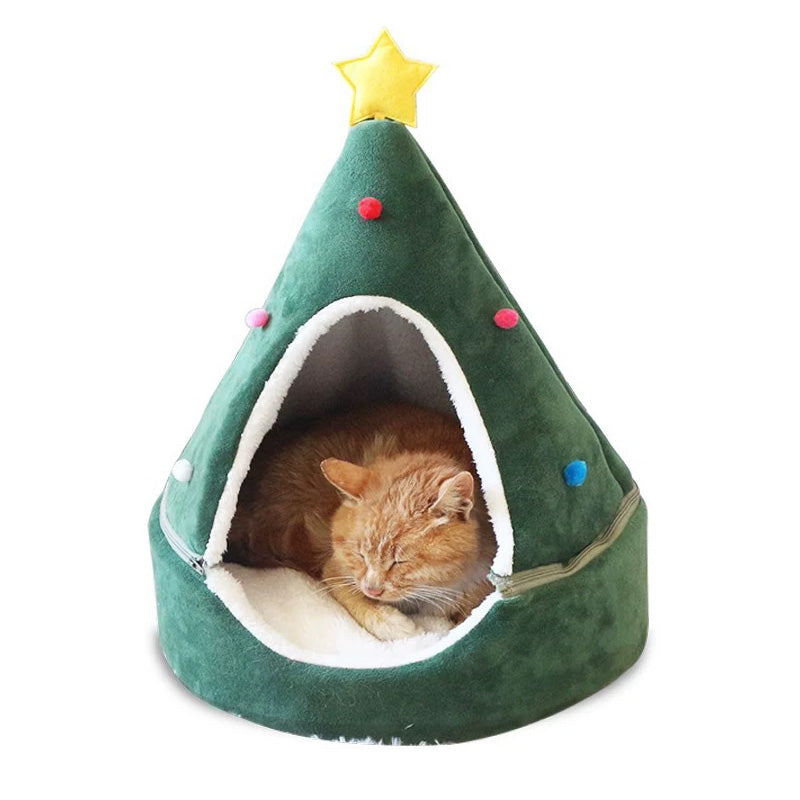 KFX-9823933 Warm Winter Christmas Tree Pet Bed for Cats and Dogs - Cozy Nest with Soft Cushion