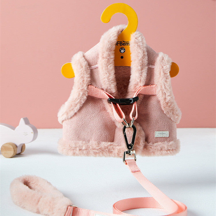 KFX-9828029 Warm Pet Vest with Adjustable Chest Strap and Traction Rope - Available in Pink and Gray