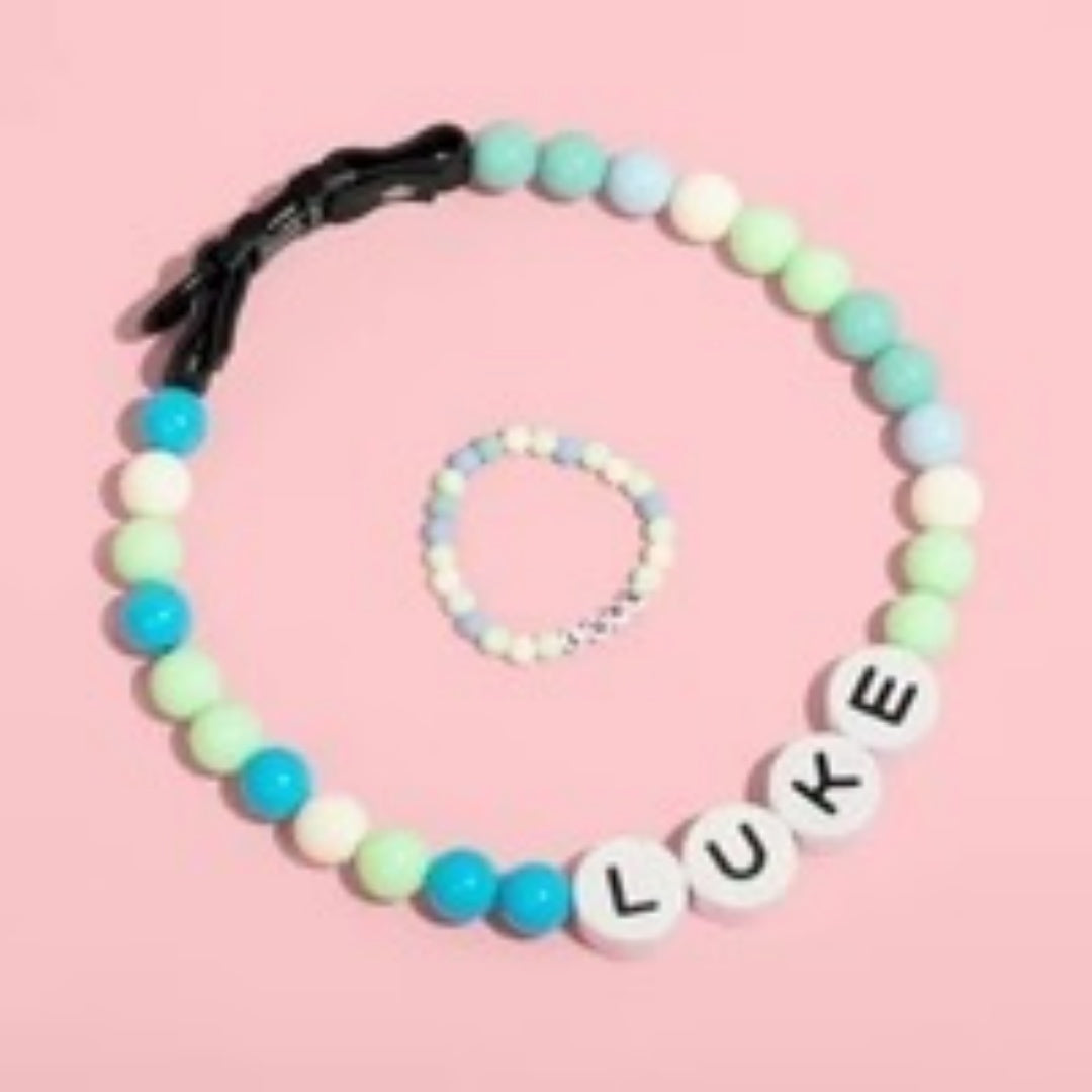 KFX-9828285 Personalized Beaded Dog Collar and Bracelet Set with Custom Name and Pearl Design