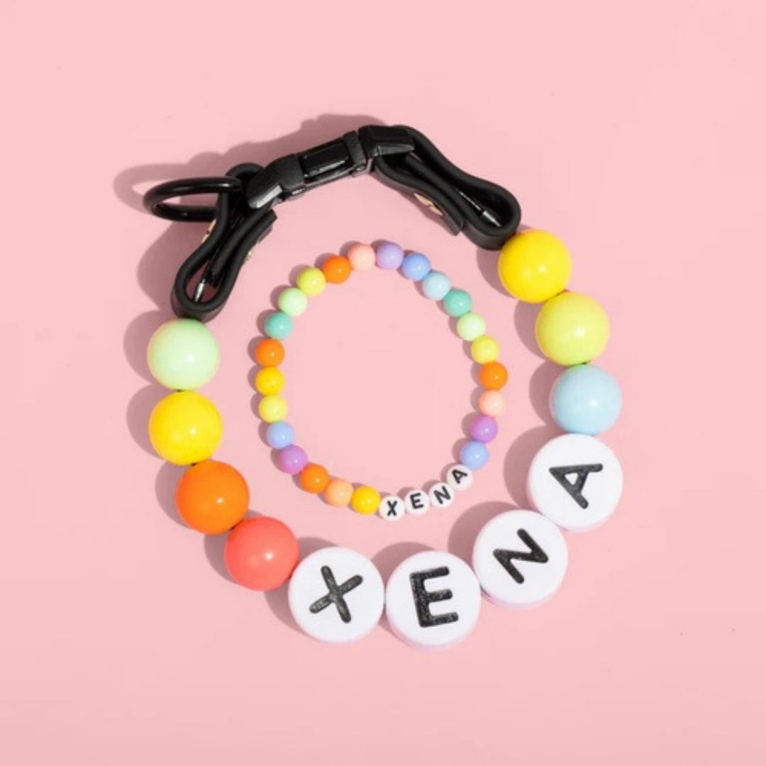 KFX-9828285 Personalized Beaded Dog Collar and Bracelet Set with Custom Name and Pearl Design