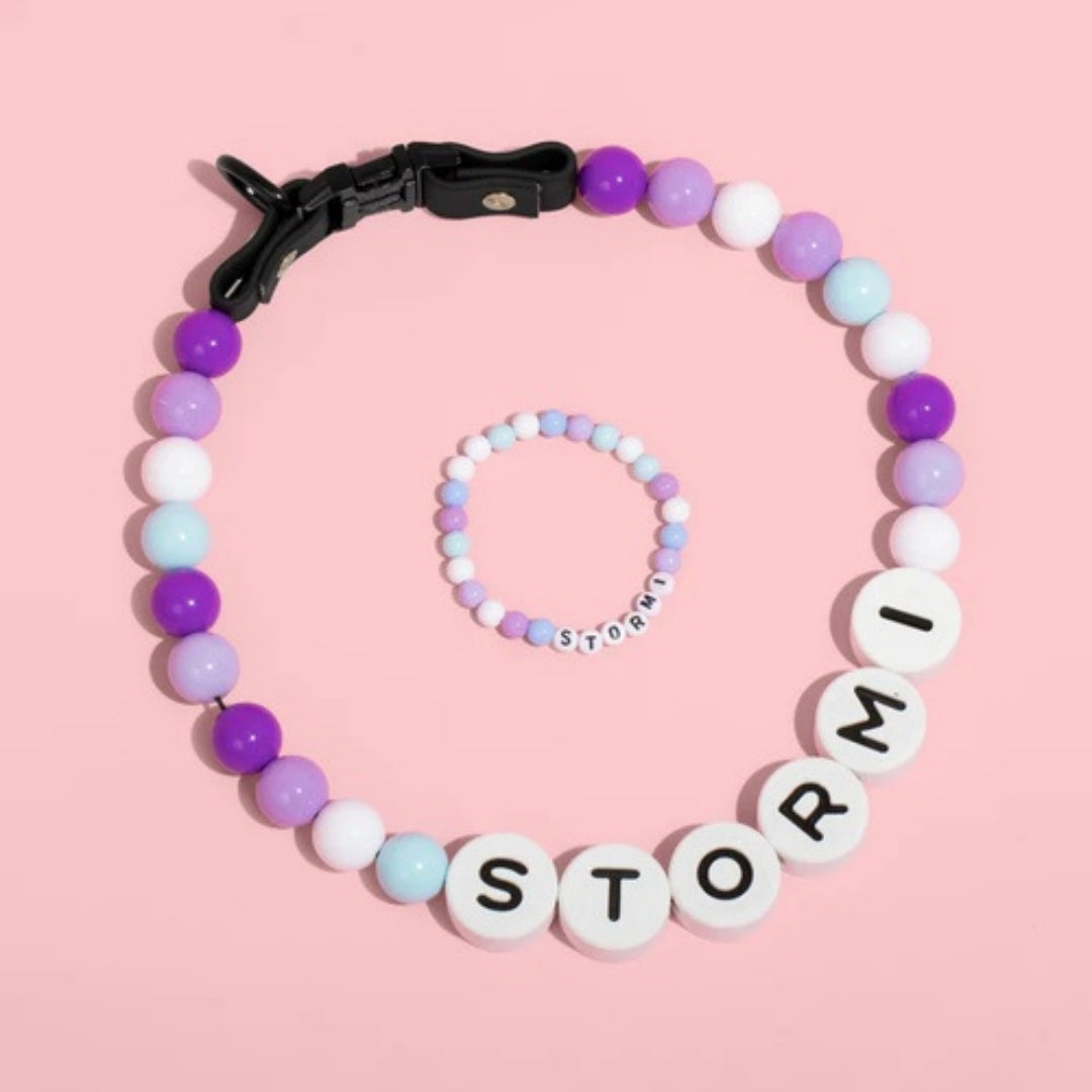 KFX-9828285 Personalized Beaded Dog Collar and Bracelet Set with Custom Name and Pearl Design