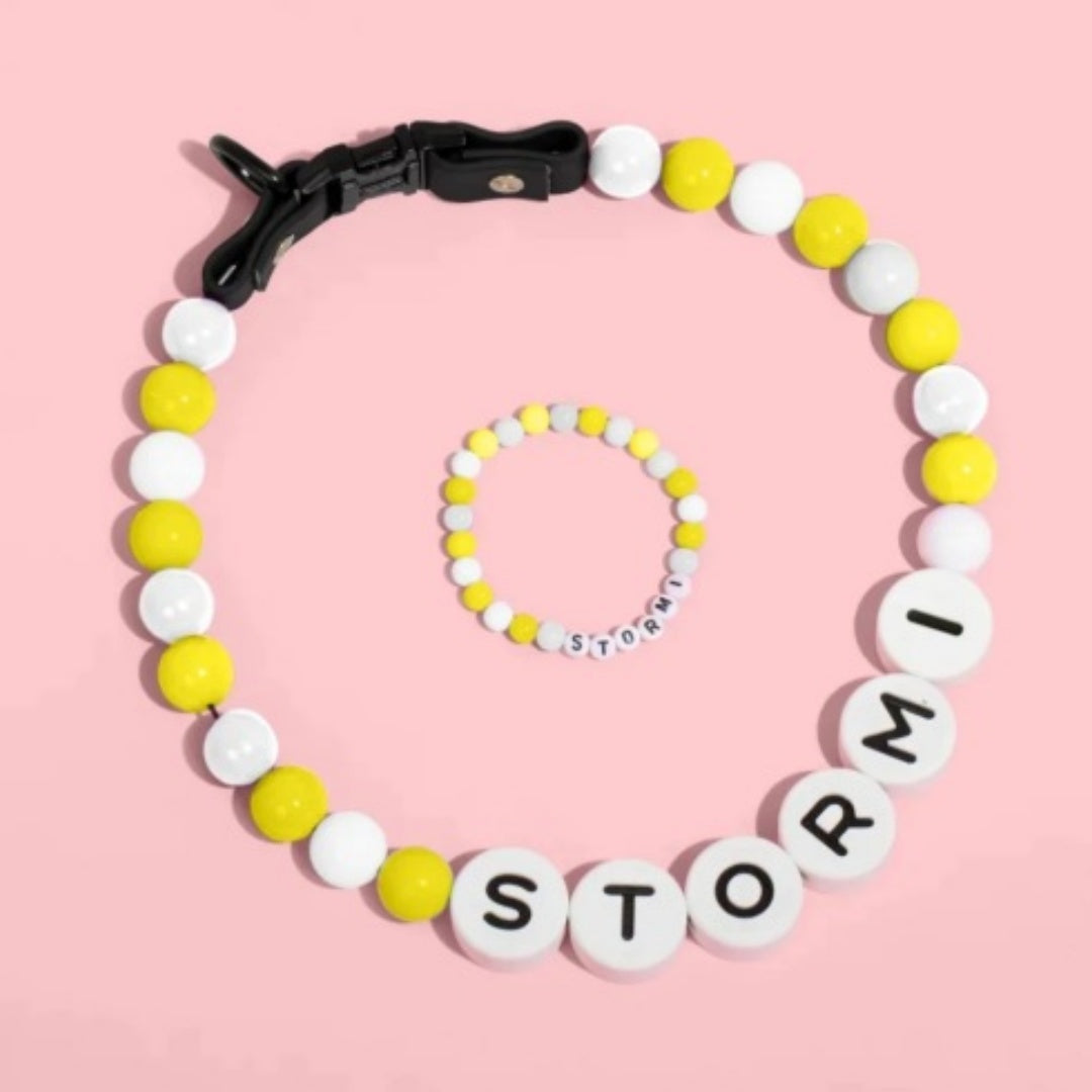 KFX-9828285 Personalized Beaded Dog Collar and Bracelet Set with Custom Name and Pearl Design