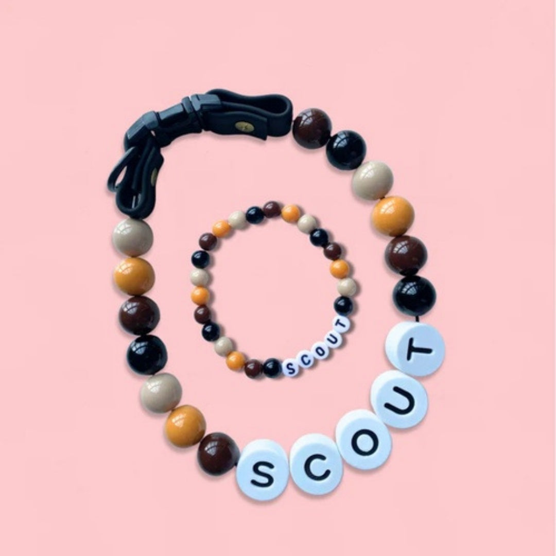 KFX-9828285 Personalized Beaded Dog Collar and Bracelet Set with Custom Name and Pearl Design