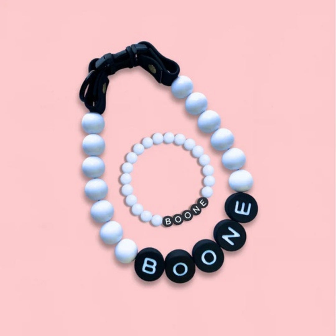 KFX-9828285 Personalized Beaded Dog Collar and Bracelet Set with Custom Name and Pearl Design
