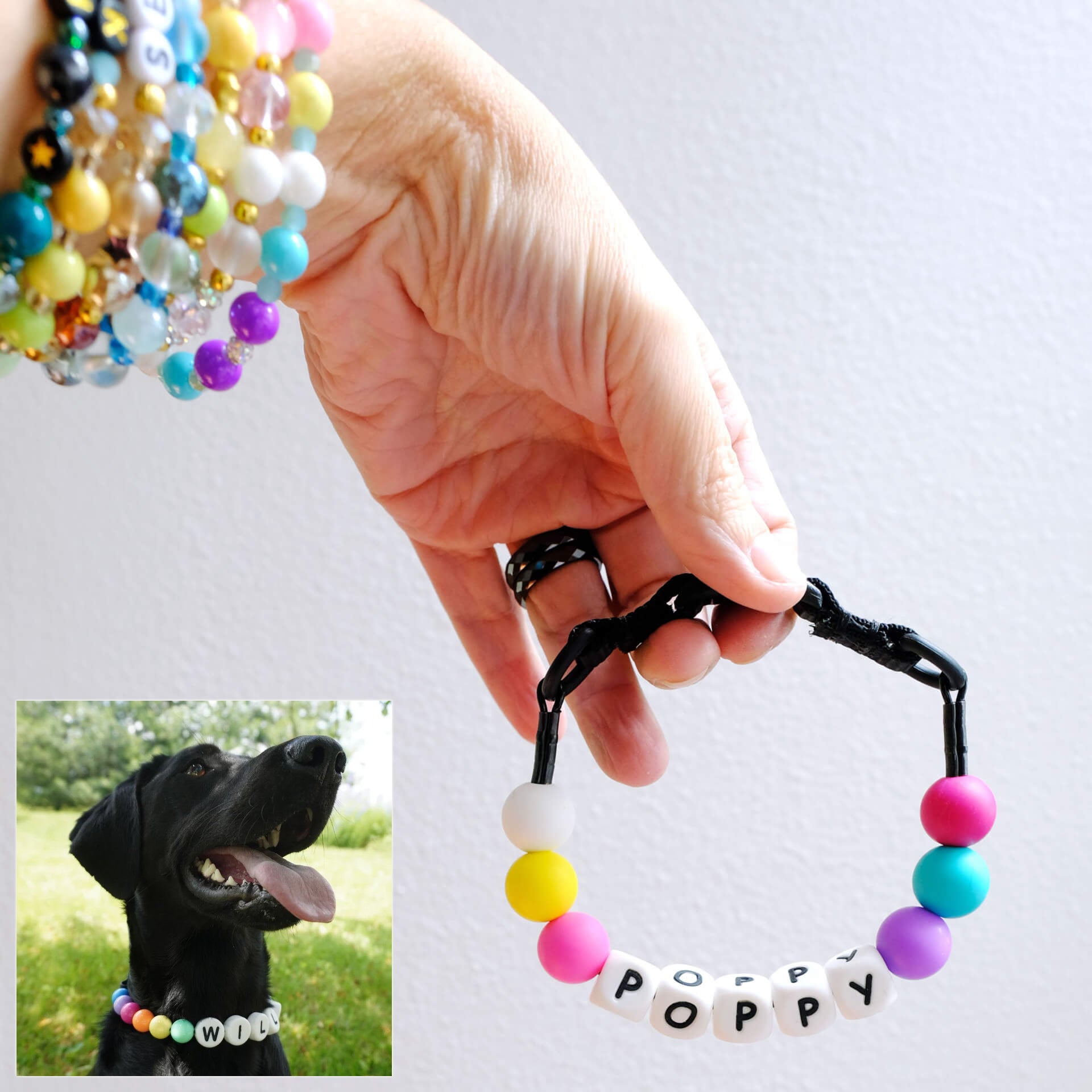 KFX-9828285 Personalized Beaded Dog Collar and Bracelet Set with Custom Name and Pearl Design
