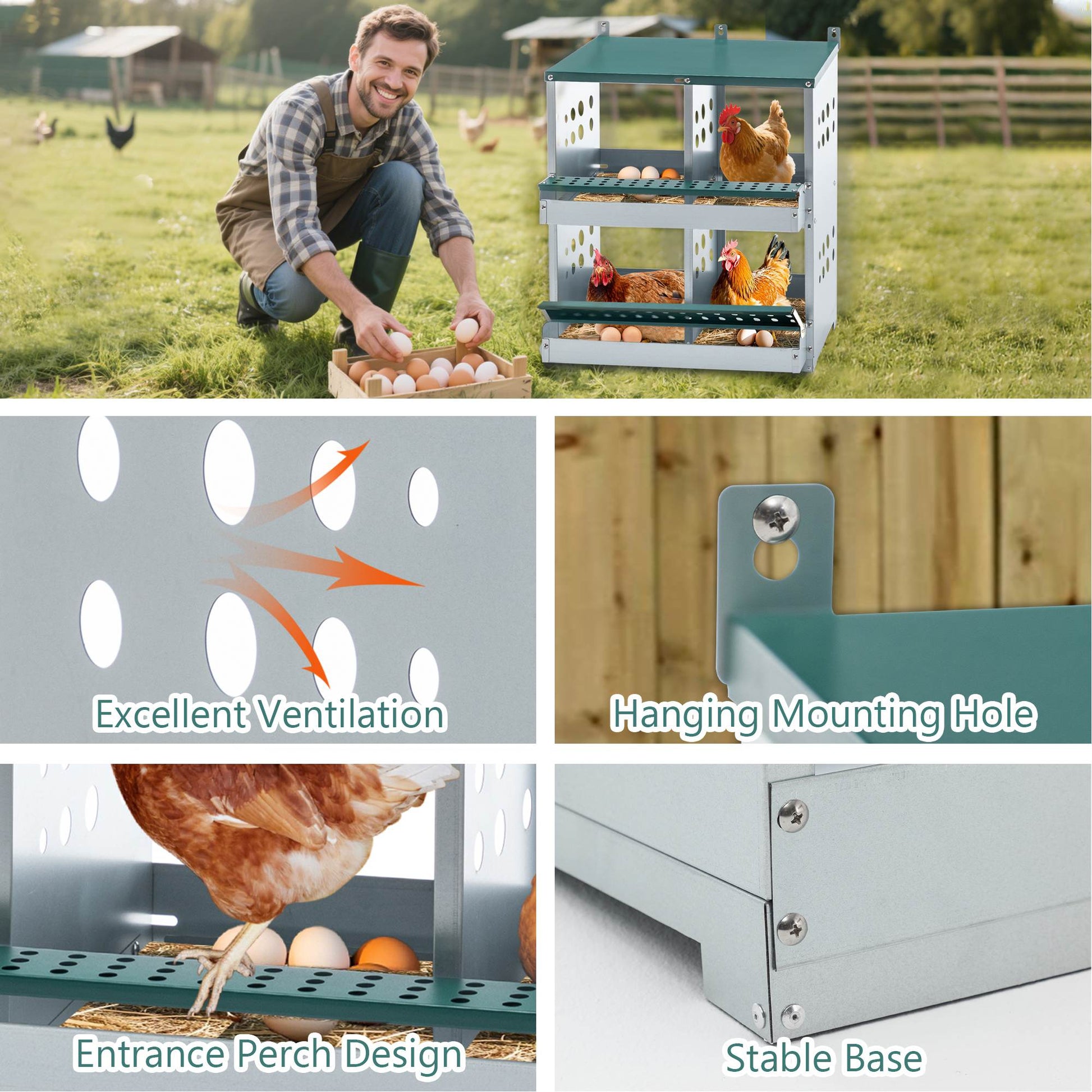 KFX-9829309 4-Compartment Metal Nesting Box for Chickens - Wall Mounted Egg Laying Coop with Ventilation and Easy Cleaning