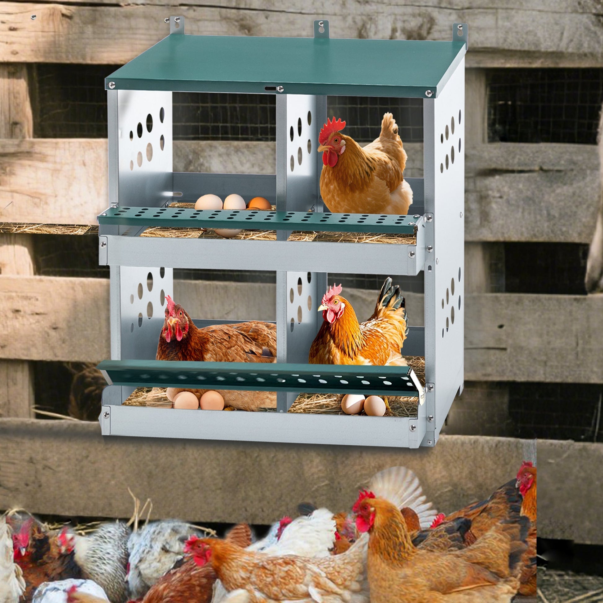KFX-9829309 4-Compartment Metal Nesting Box for Chickens - Wall Mounted Egg Laying Coop with Ventilation and Easy Cleaning